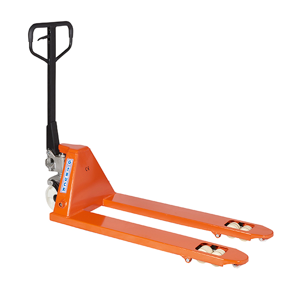 This is an example of an orange hand forklift. 